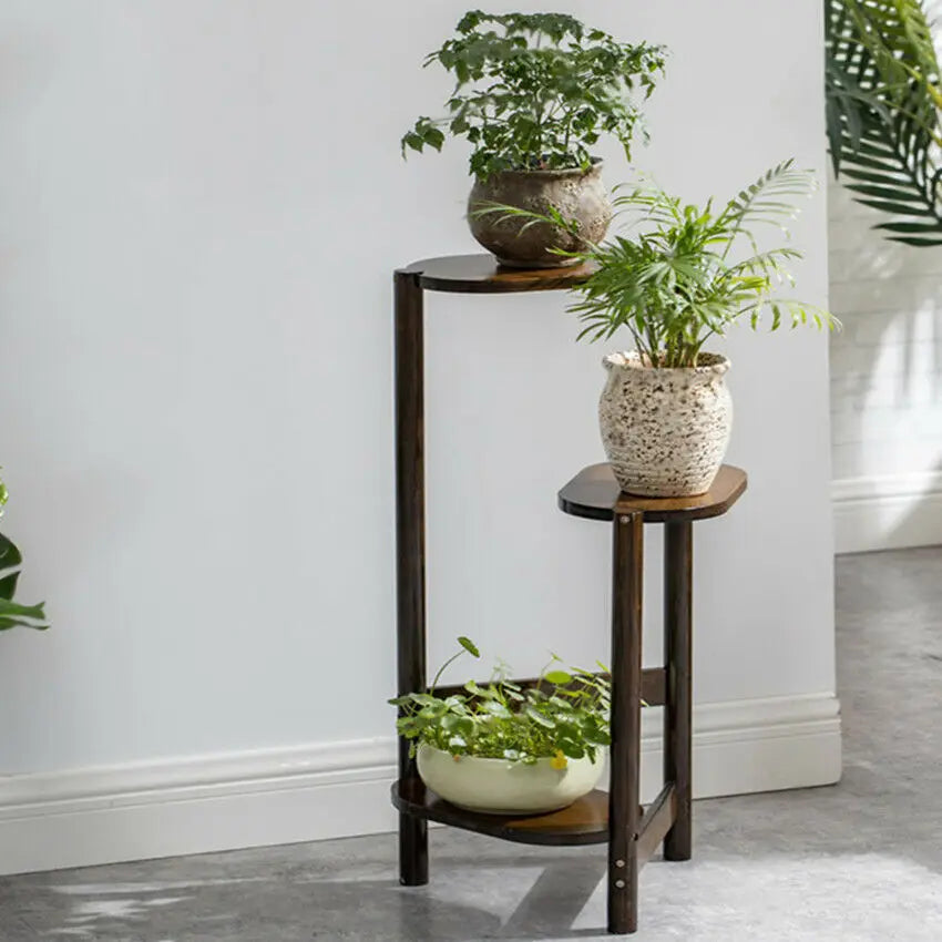 Three Tier Bamboo Plant Stand For Indoor Corner Display