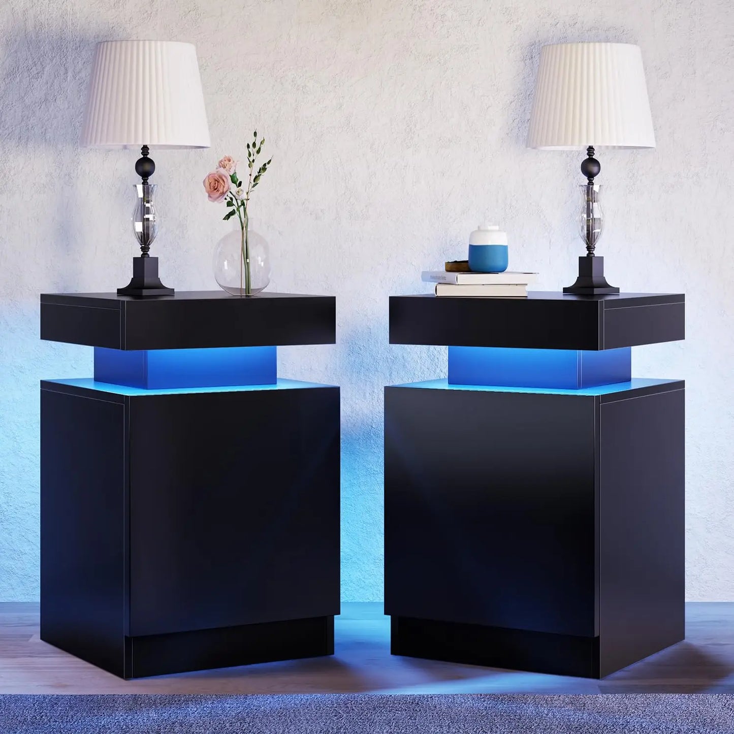 Nightstand Set Of 2 With LED Storage Cabinet Bedroom