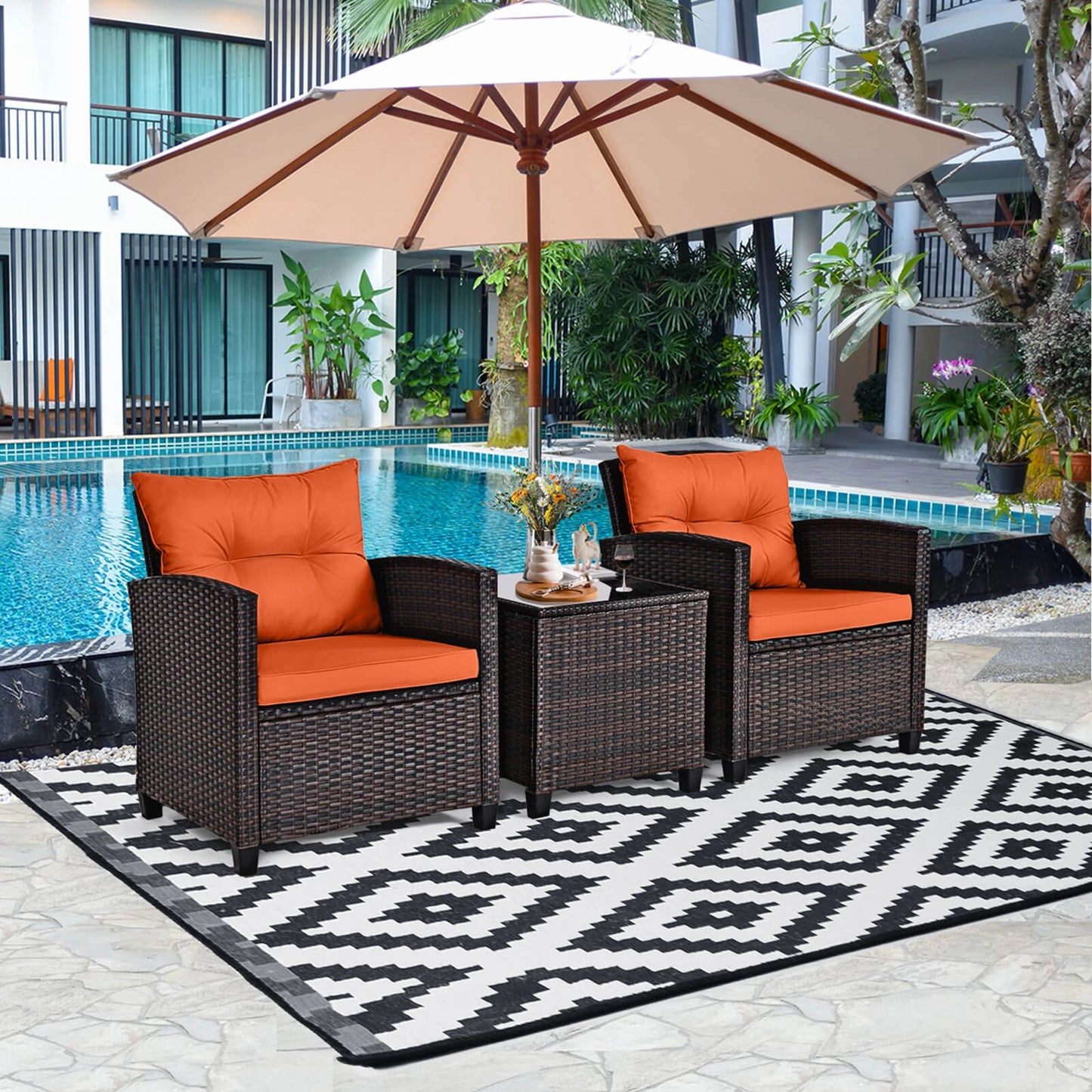 HOMASIS Patio Rattan 3Piece Cushioned Conversation Set