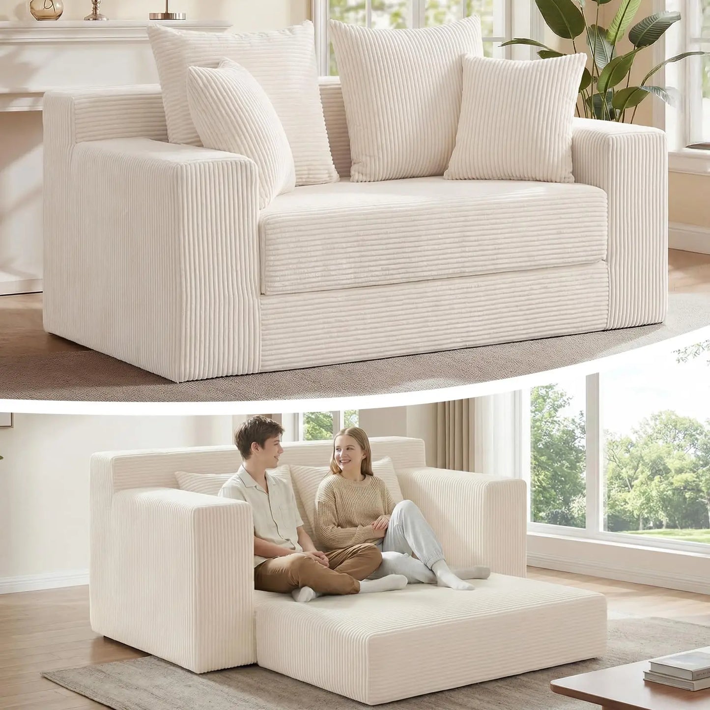 Furry 3-In-1 Convertible Sofa Bed With Detachable Cushions And 4 Pillows
