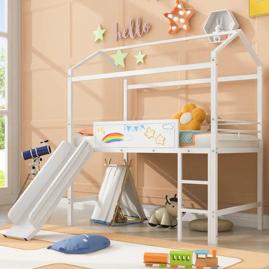 Premium Metal House Loft Bed Featuring Attached Slide