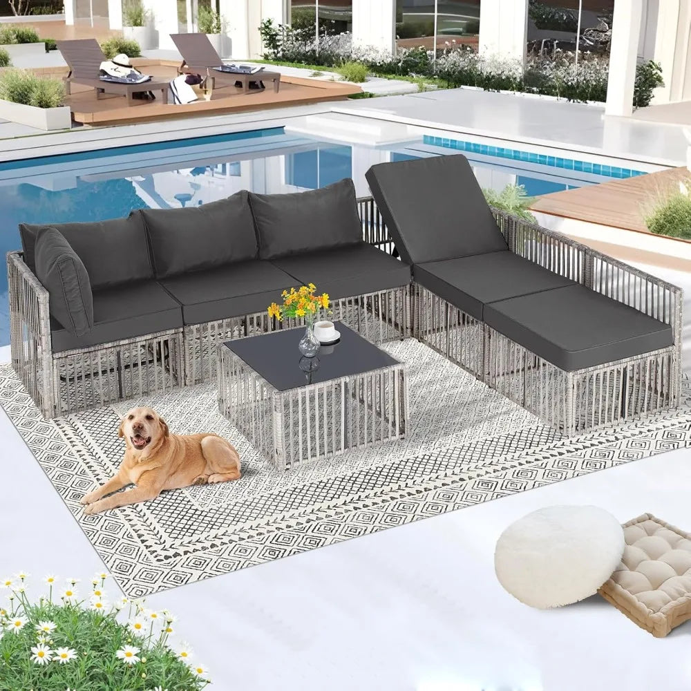 7 Piece Outdoor Wicker Patio Furniture Set with Adjustable Backrest Grey Cushions