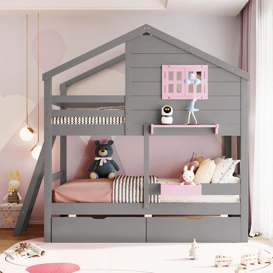 Twin Over Twin Bunk Bed Playhouse With Drawers