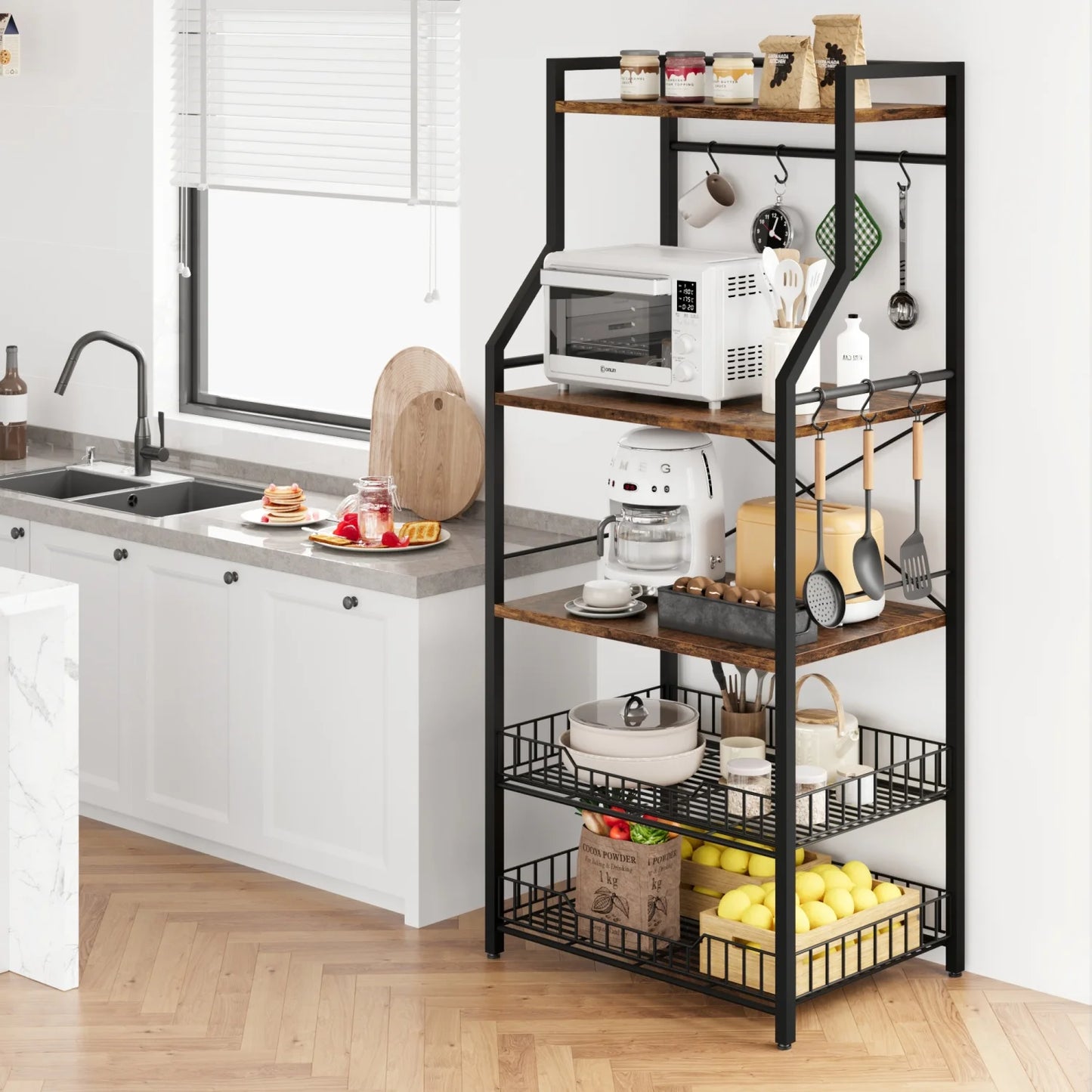 HiMISSH Kitchen Bakers Rack Microwave Stand With Baskets