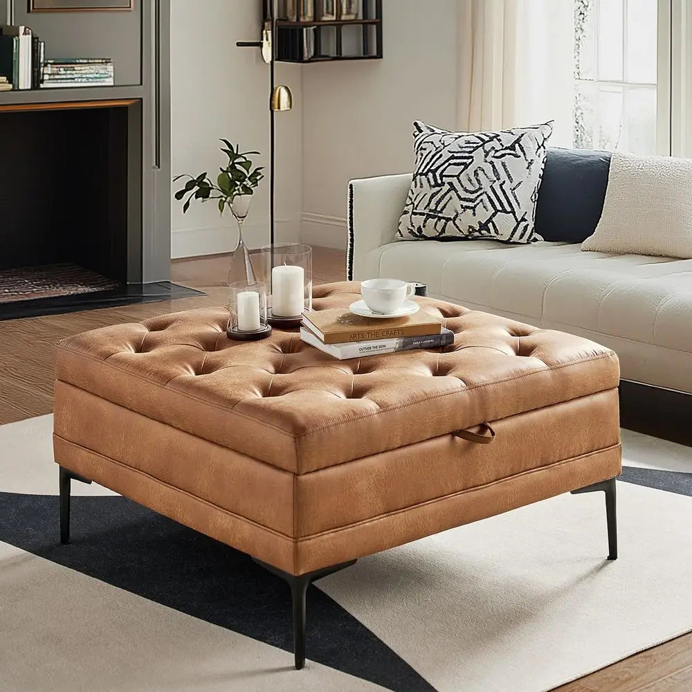 Faux Leather Coffee Table With Storage Ottoman Metal Legs