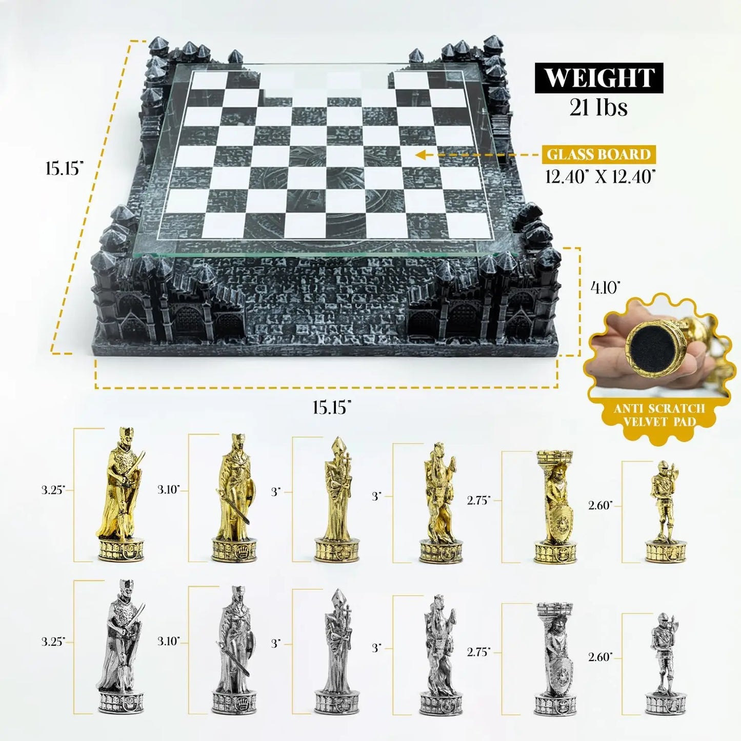 Renaissance Knight 3D Chess Set Glass Board Metal Pieces