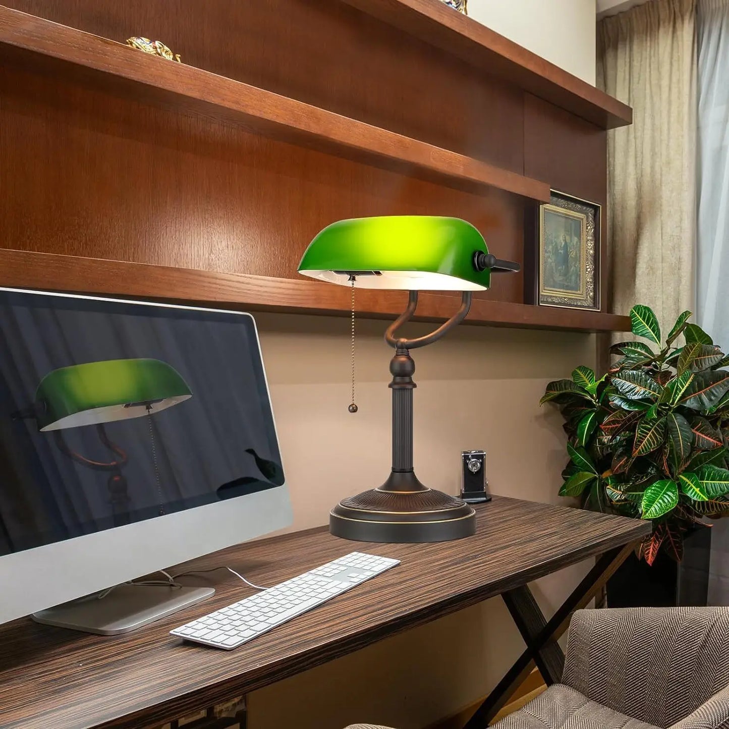 Glass Banker Desk Lamp With Zipper Switch And Base