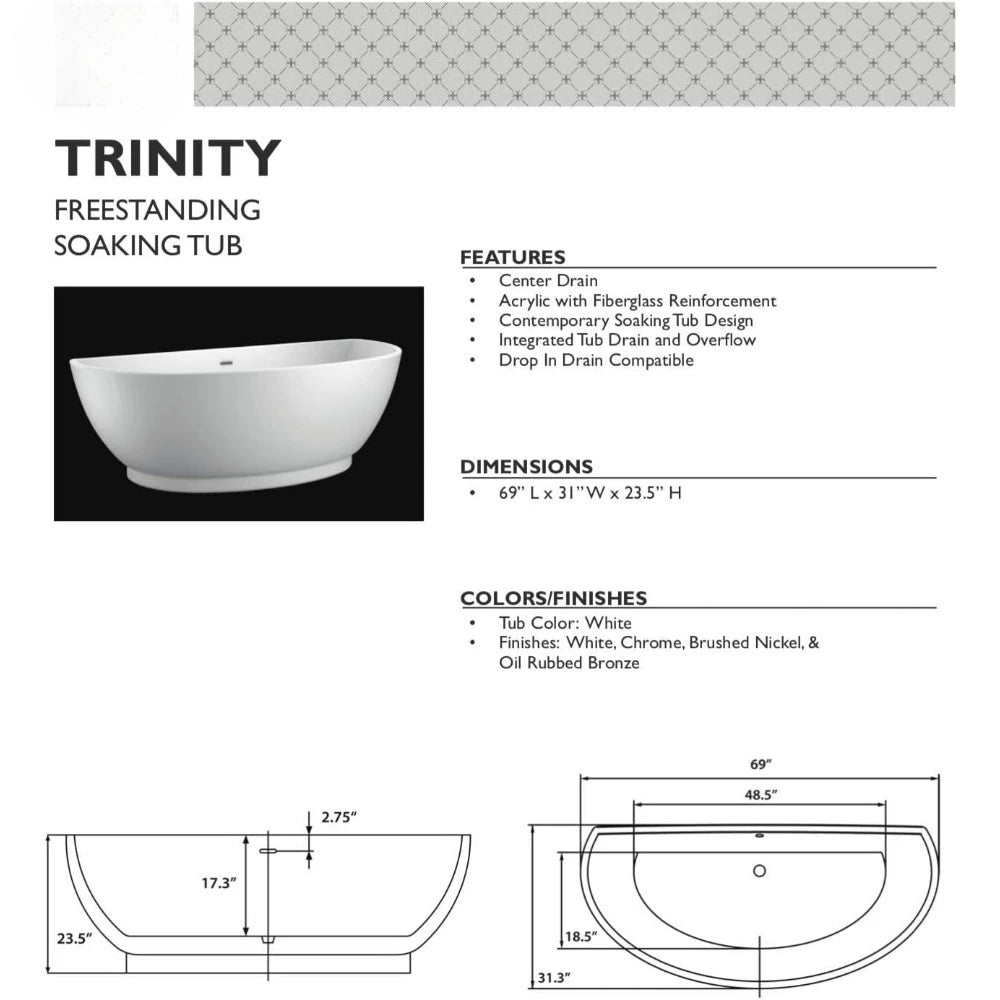 Trinity 69 Inch Modern White Freestanding Soaking Bath Tub with Chrome Drain