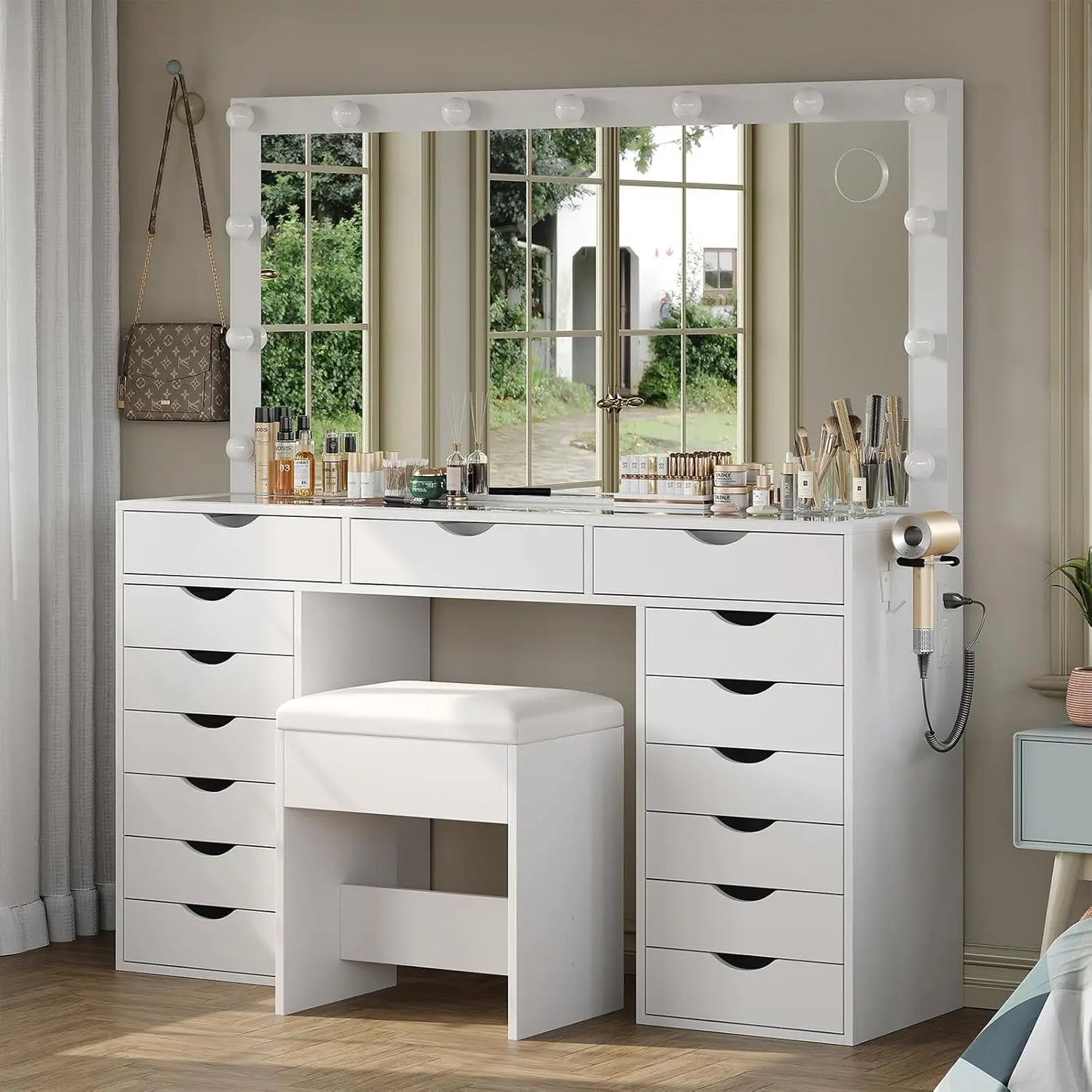 Vanity Desk with Mirror and Lights Makeup Table with Charging Station and Drawers