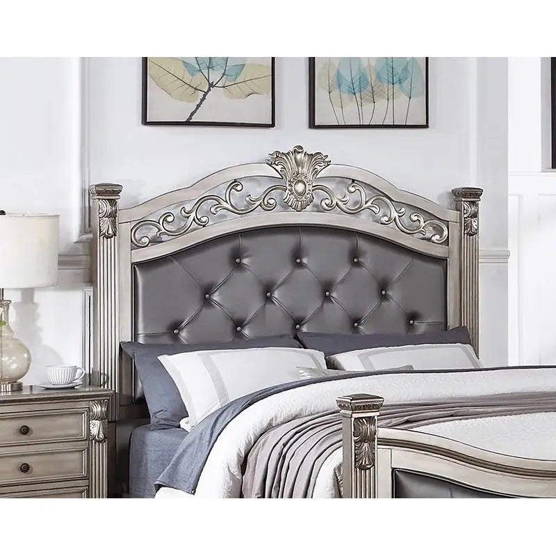 California King Bed With Tufted Faux Leather Headboard