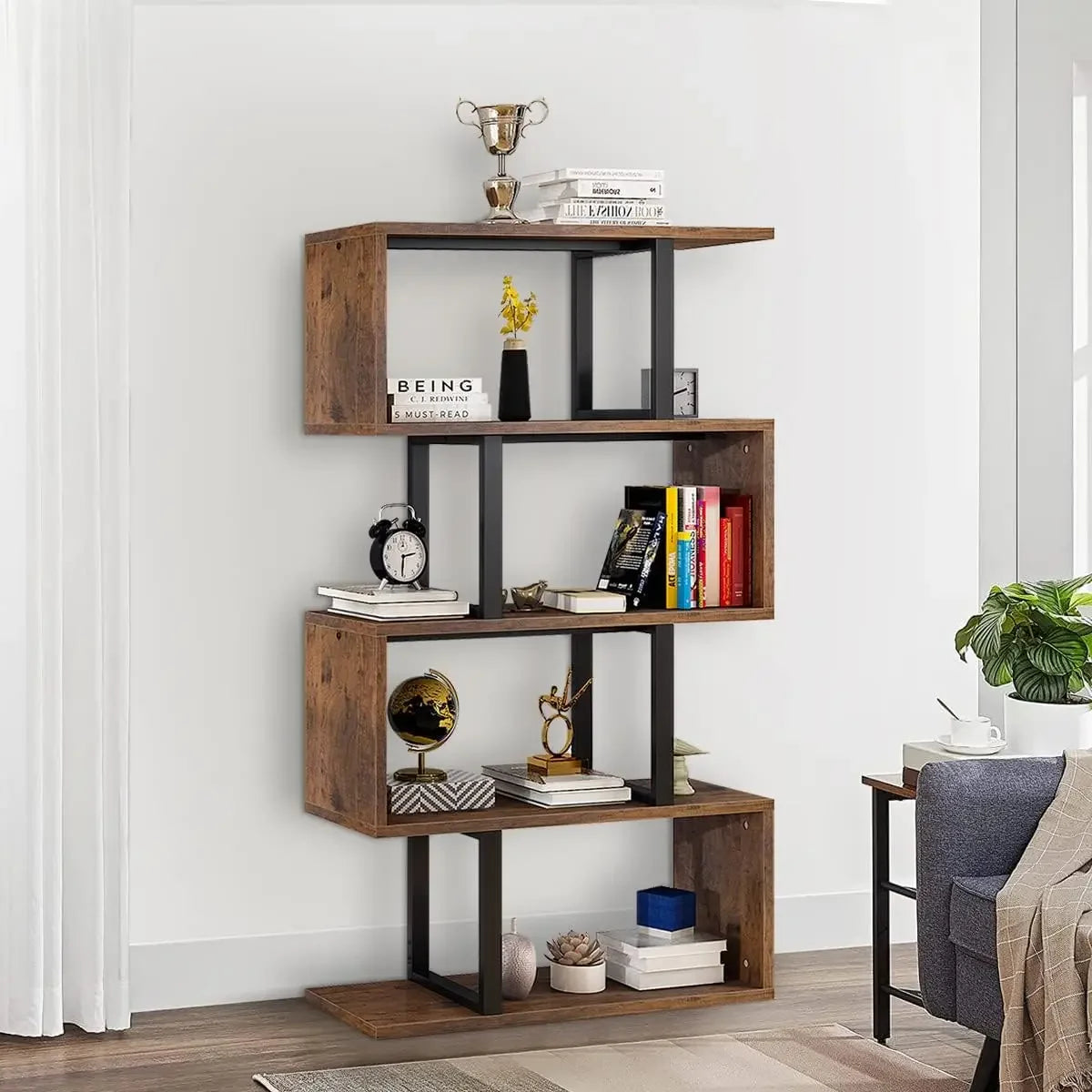 Modern 5 Tier S Shaped Bookshelf Multifunctional Geometric Storage Display Shelf