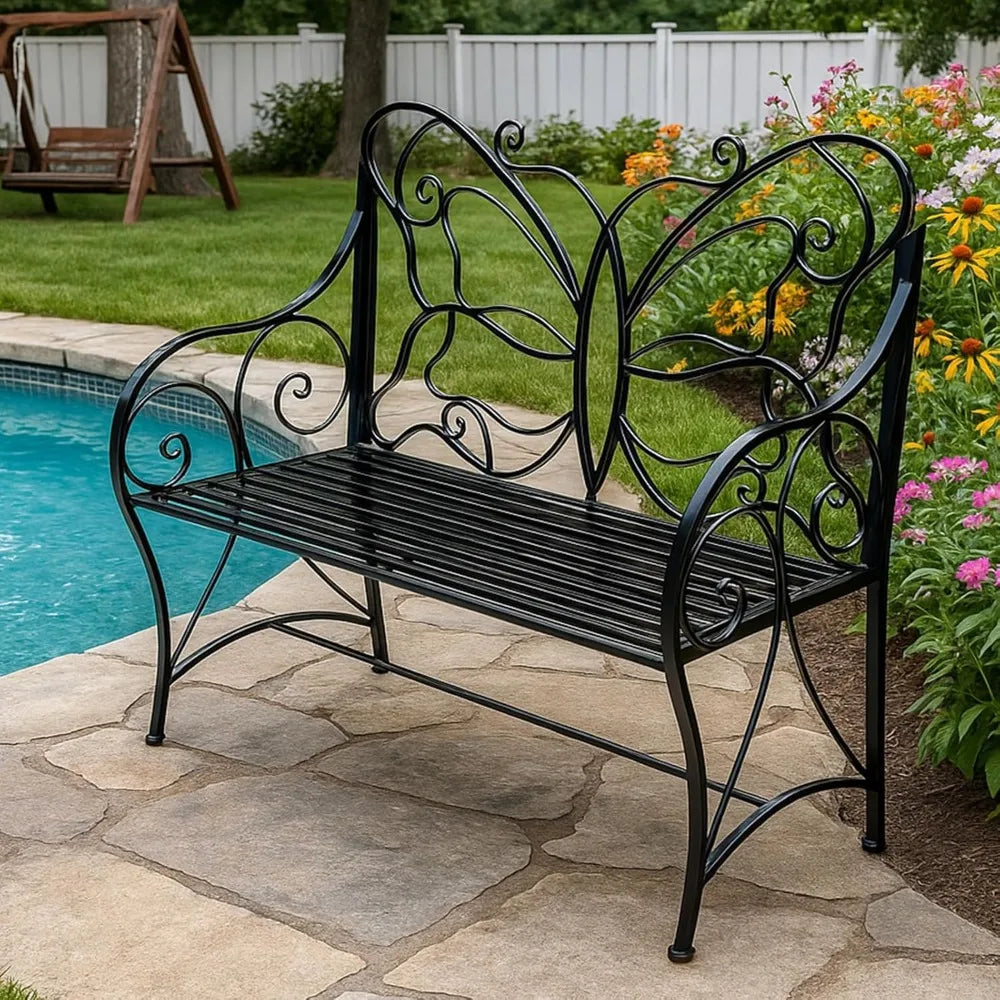 Outdoor Weatherproof Metal Garden Bench With Butterfly Backrest