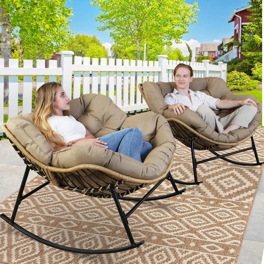 2 Pcs Oversized Wicker Rocking Egg Chair with Water Resistant Cushions