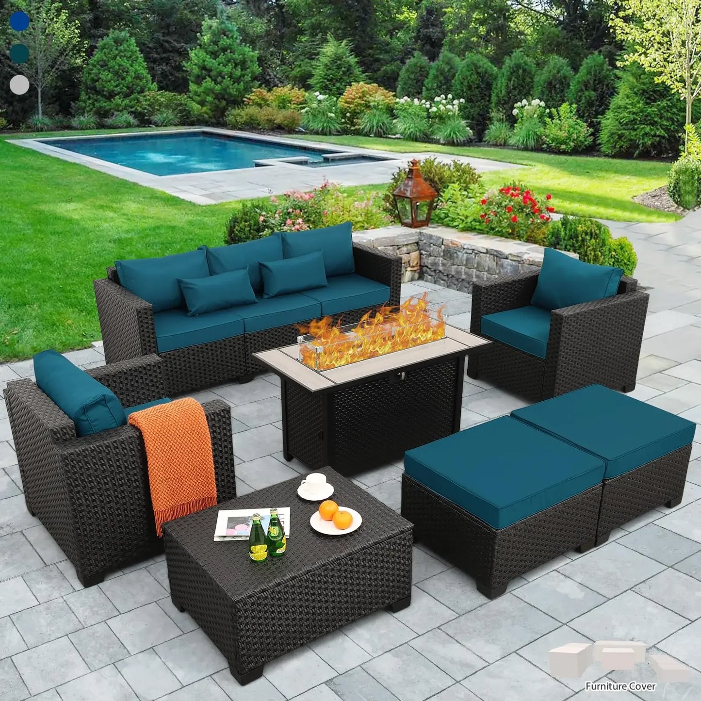 Outdoor Propane Fire Pit Table Seven Piece Patio Set