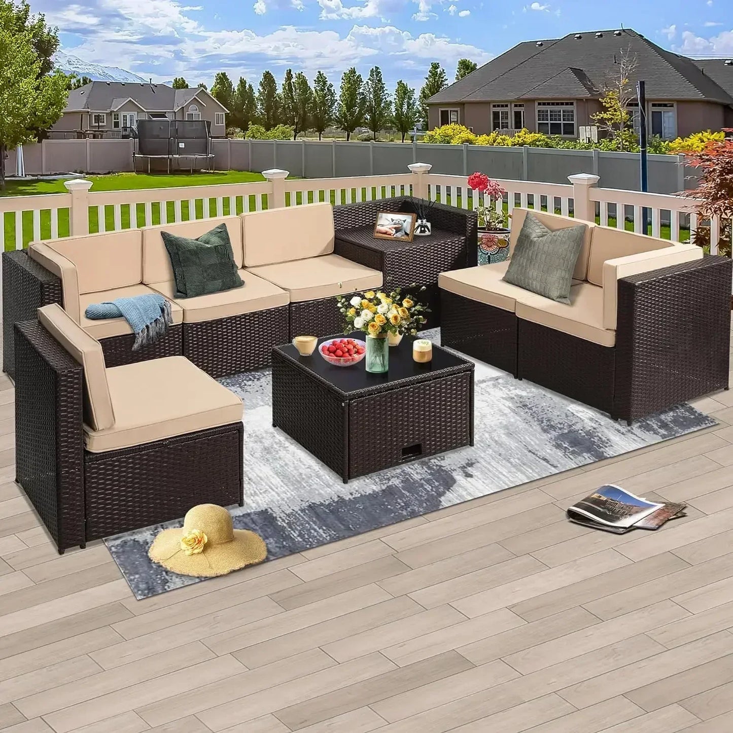 Rattan Patio Sectional Glass Top Table With Hidden Storage
