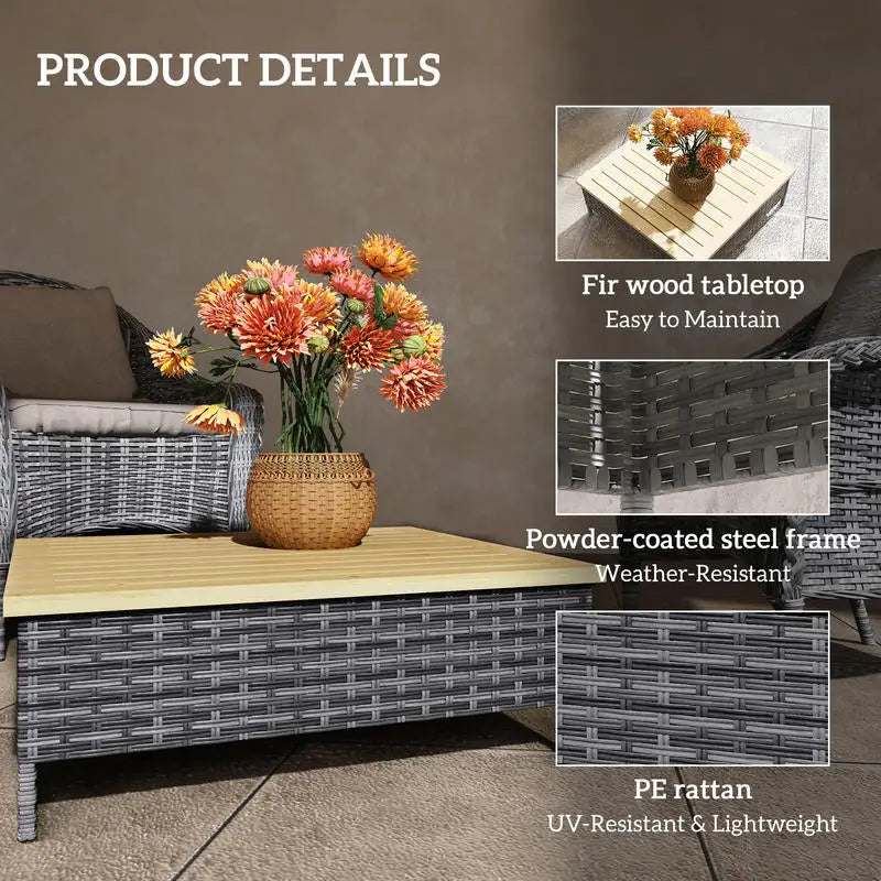 Outdoor Side Table With PE Rattan And Fir Wood