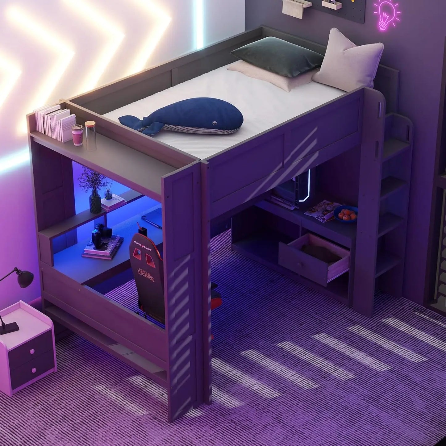 Wood Gaming Loft Bed With Desk Storage LED ChargingStation