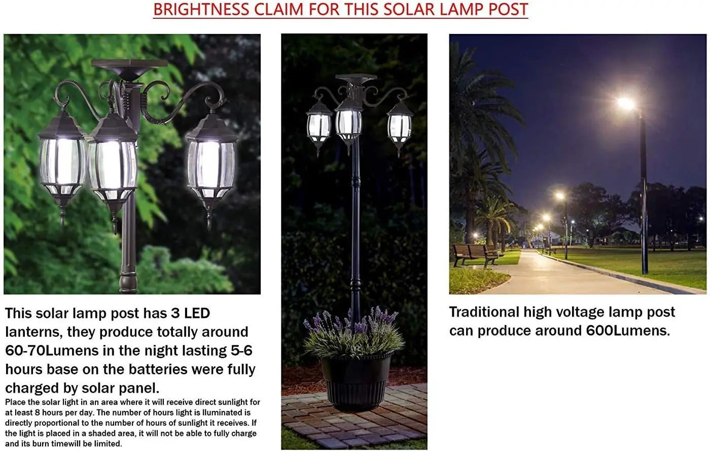 3-Head LED Solar Light Planter Black 6.7 ft Outdoor Garden Decor