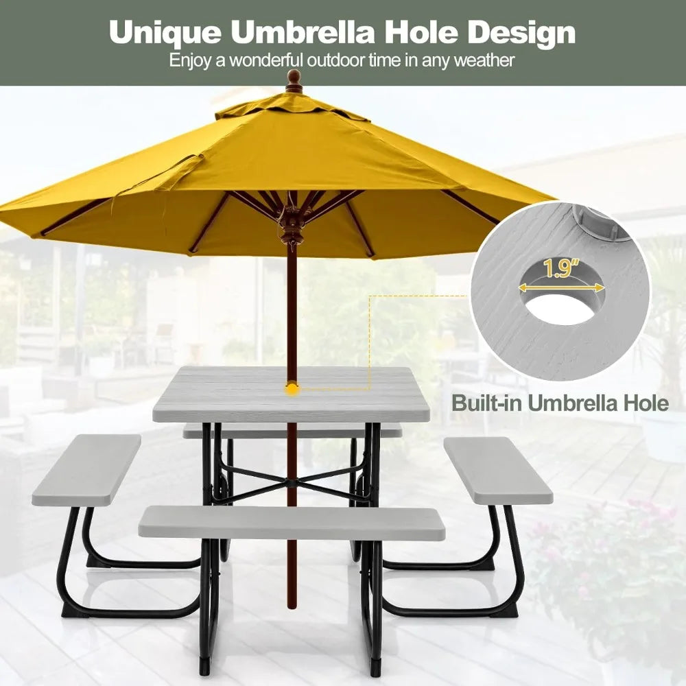 Outdoor Square Picnic Table With BuiltIn Benches Umbrella Hole