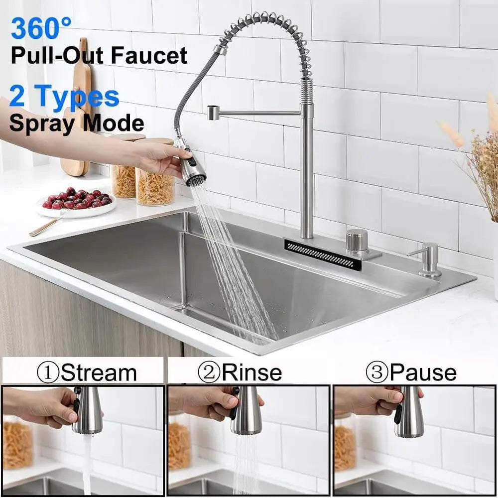 Waterfall Stainless Steel Drop In Kitchen Sink With Faucet Workstation