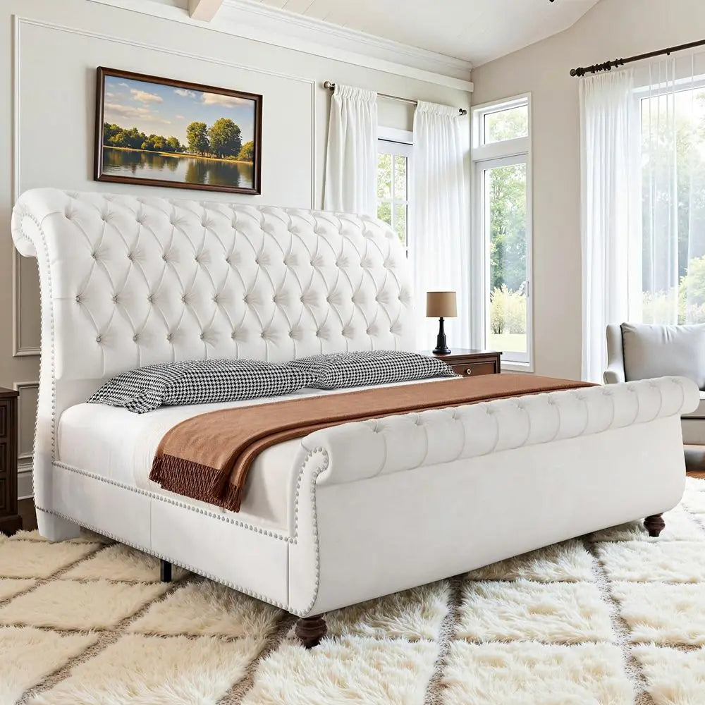 Sleigh Bed Frame With Velvet Upholstery And Tufted Headboard
