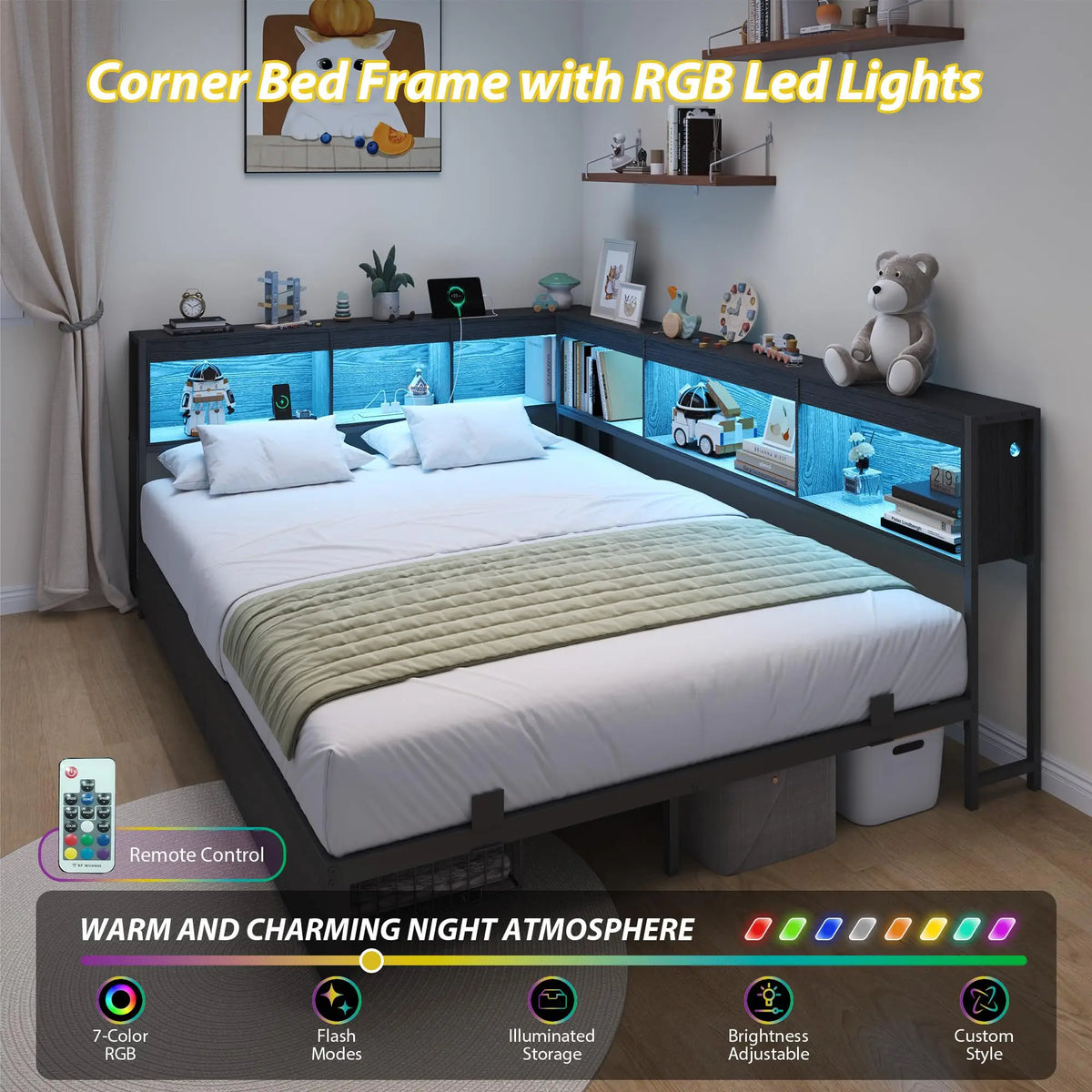 HiMISS Corner Bed Frame Bookcase Headboard And LED Lights