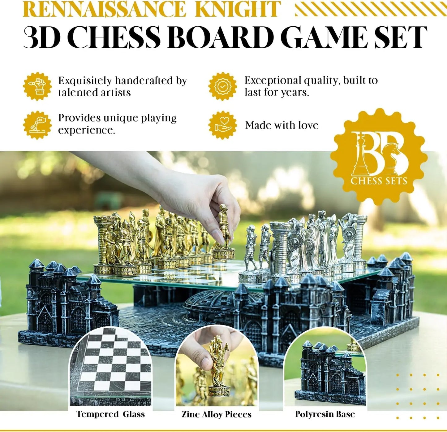 Renaissance Knight 3D Chess Set Glass Board Metal Pieces