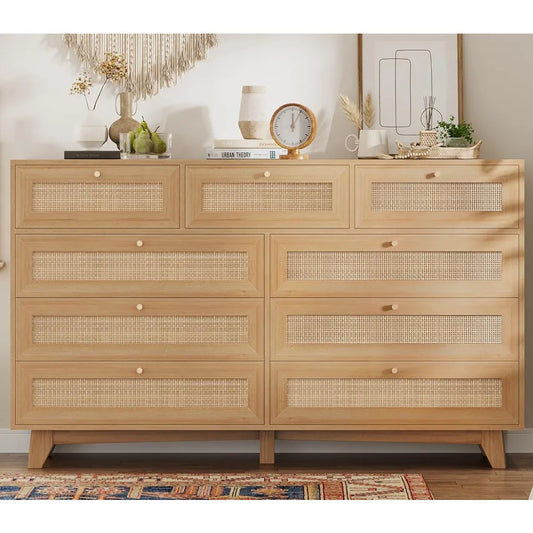Rattan Dresser with 9 Drawers Natural Finish Modern Wooden Tall Cabinet