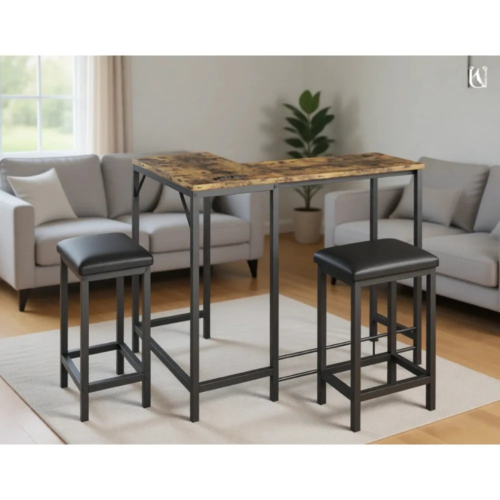 Convertible L Shaped Bar Table Set With USB Charging Cable Management