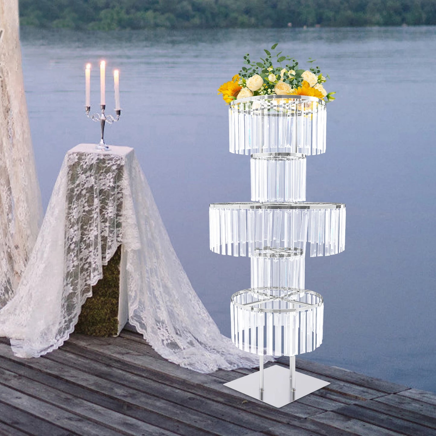 5 Tier Wedding Flower Stand With Crystal Pendants Centerpiece