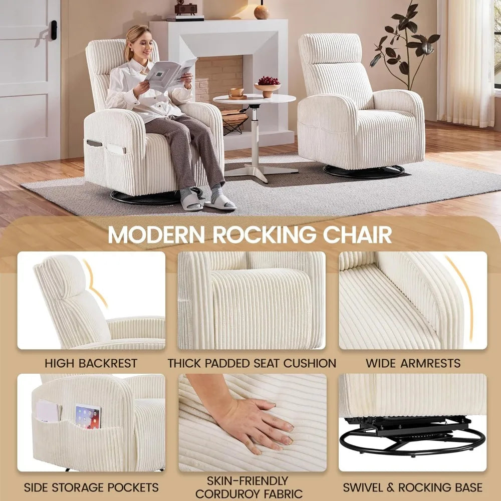 360 Degree Swivel Glider Chair for Nursery with Side Pockets and Corduroy Fabric