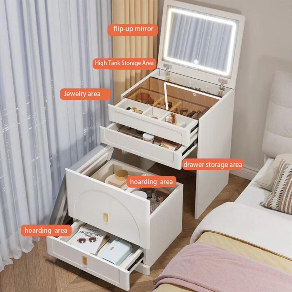 Modern Minimalist Dressing Table with Storage Chair and Stylish Nordic Mirror