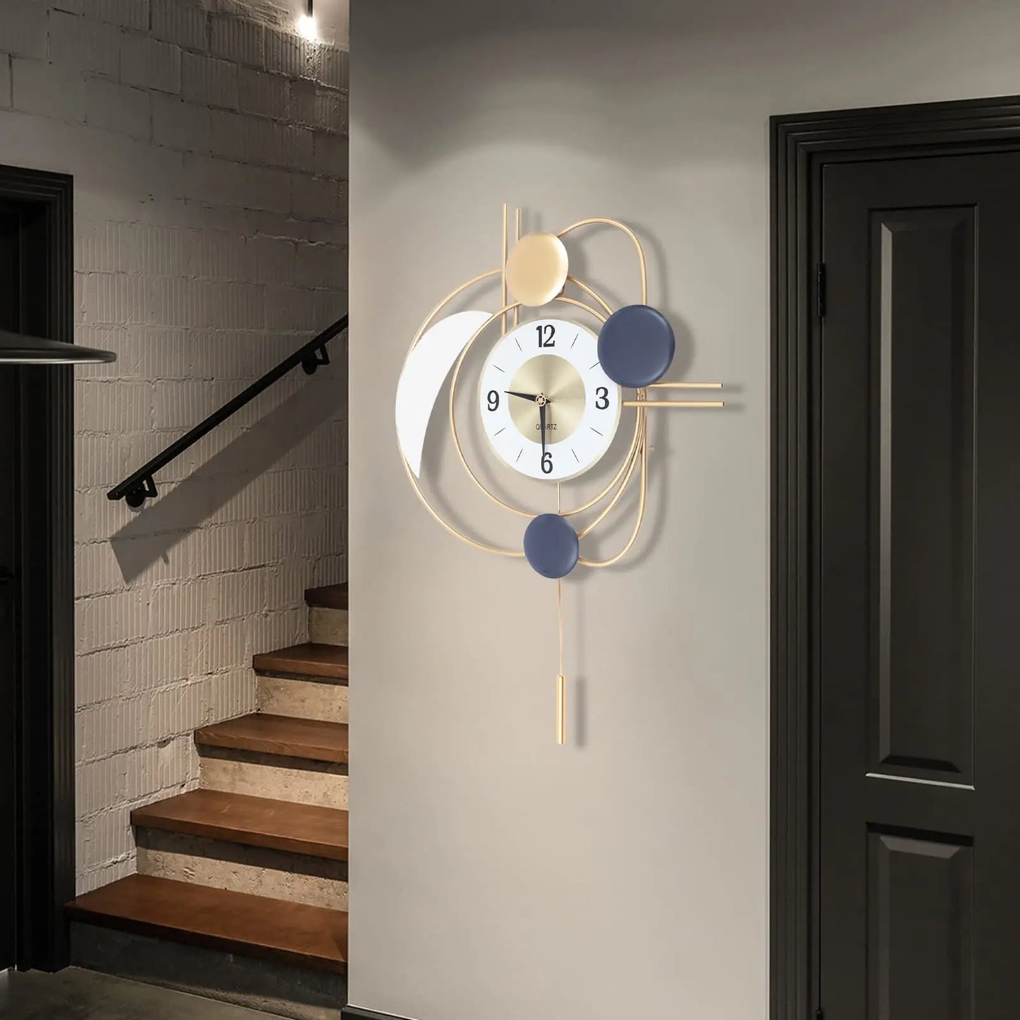 Large Modern Metal Wall Clock With Silent Swing Pendulum