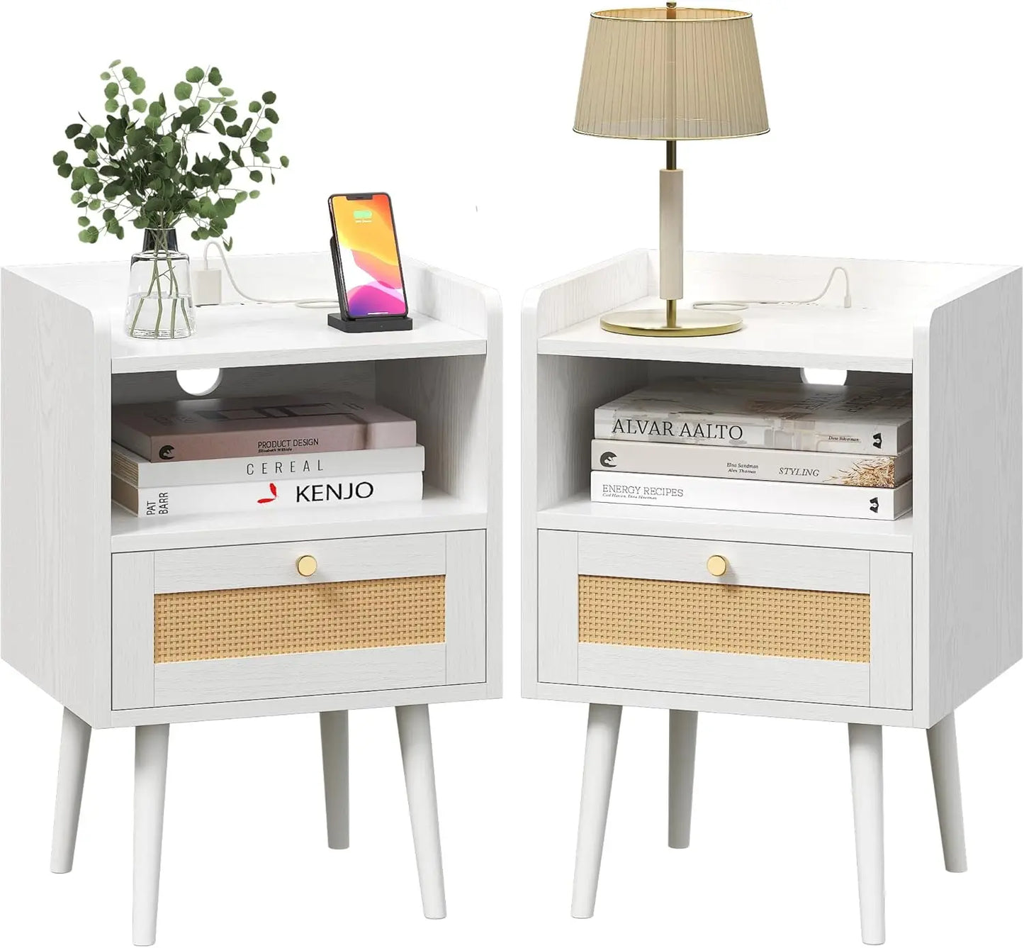 XIUWO Boho Nightstand Set With Charging Station Wood Legs
