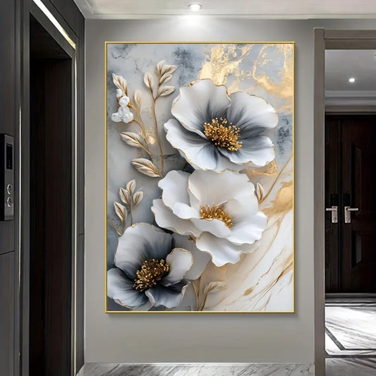 Modern Luxury Framed 3D Floral Canvas Mural for Bedroom and Living Room Decor