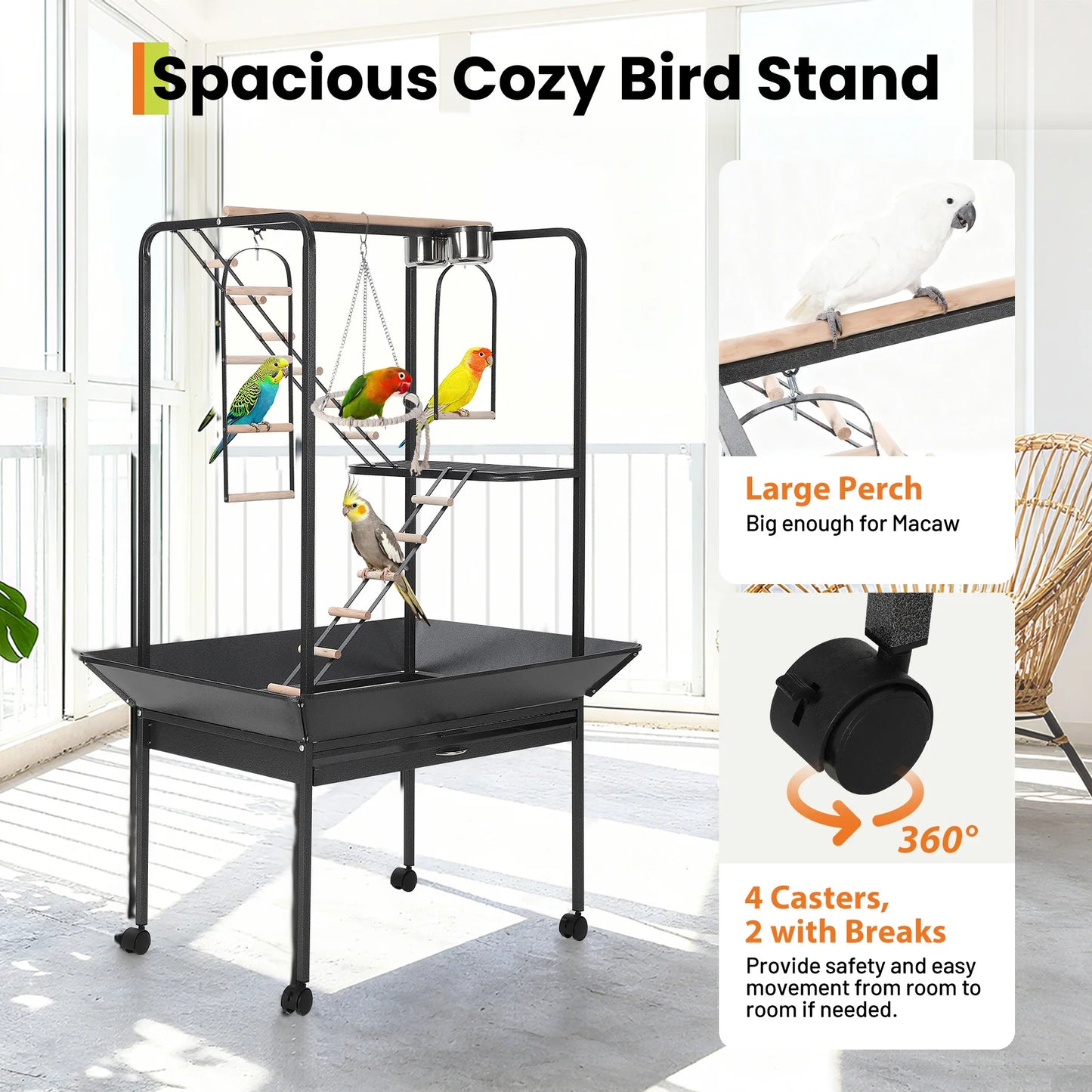 HiMISSCN Wrought Iron Parrot Cage Roller Play Center