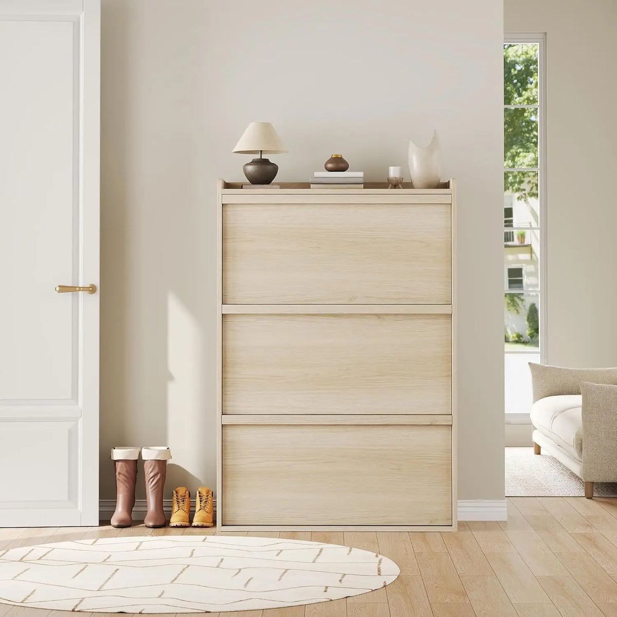 HiMISS Three Flip Drawer Shoe Cabinet With Adjustable Shelves