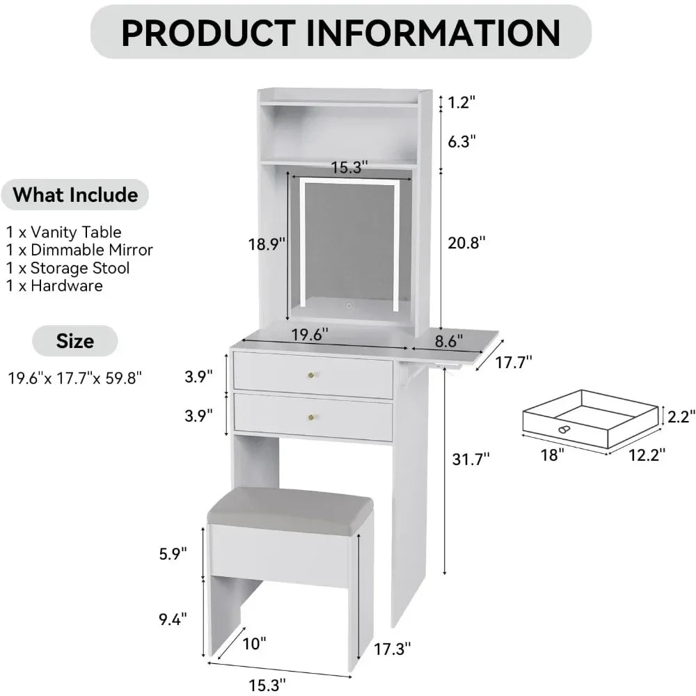 Small Vanity Desk Set with Lighted Mirror and Storage Chair for Small Spaces