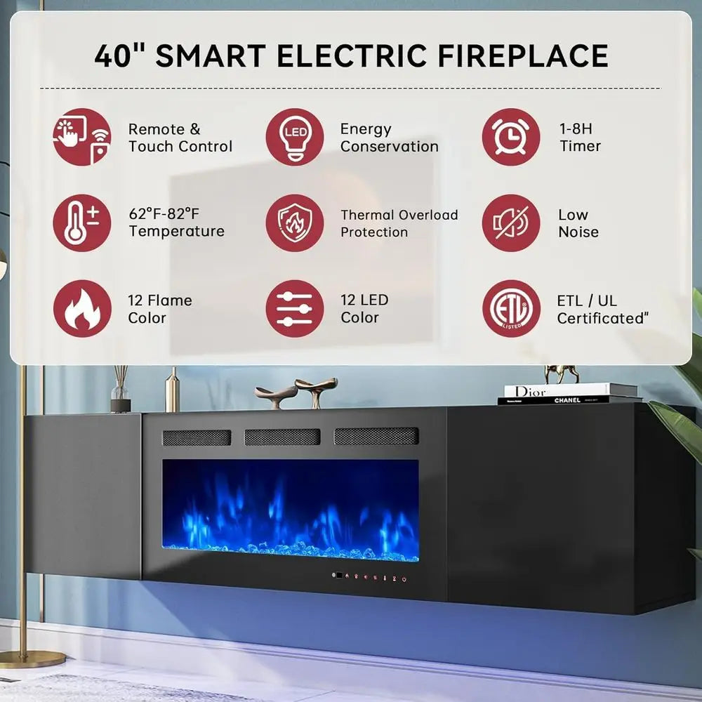 RBXC Floating TV Stand With Electric Fireplace Wall Mounted