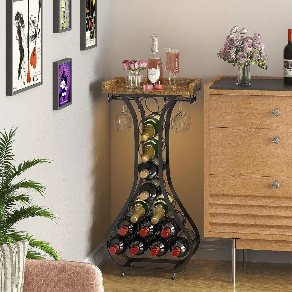 XIUWO Freestanding Wood Wine Rack With Glass Holder