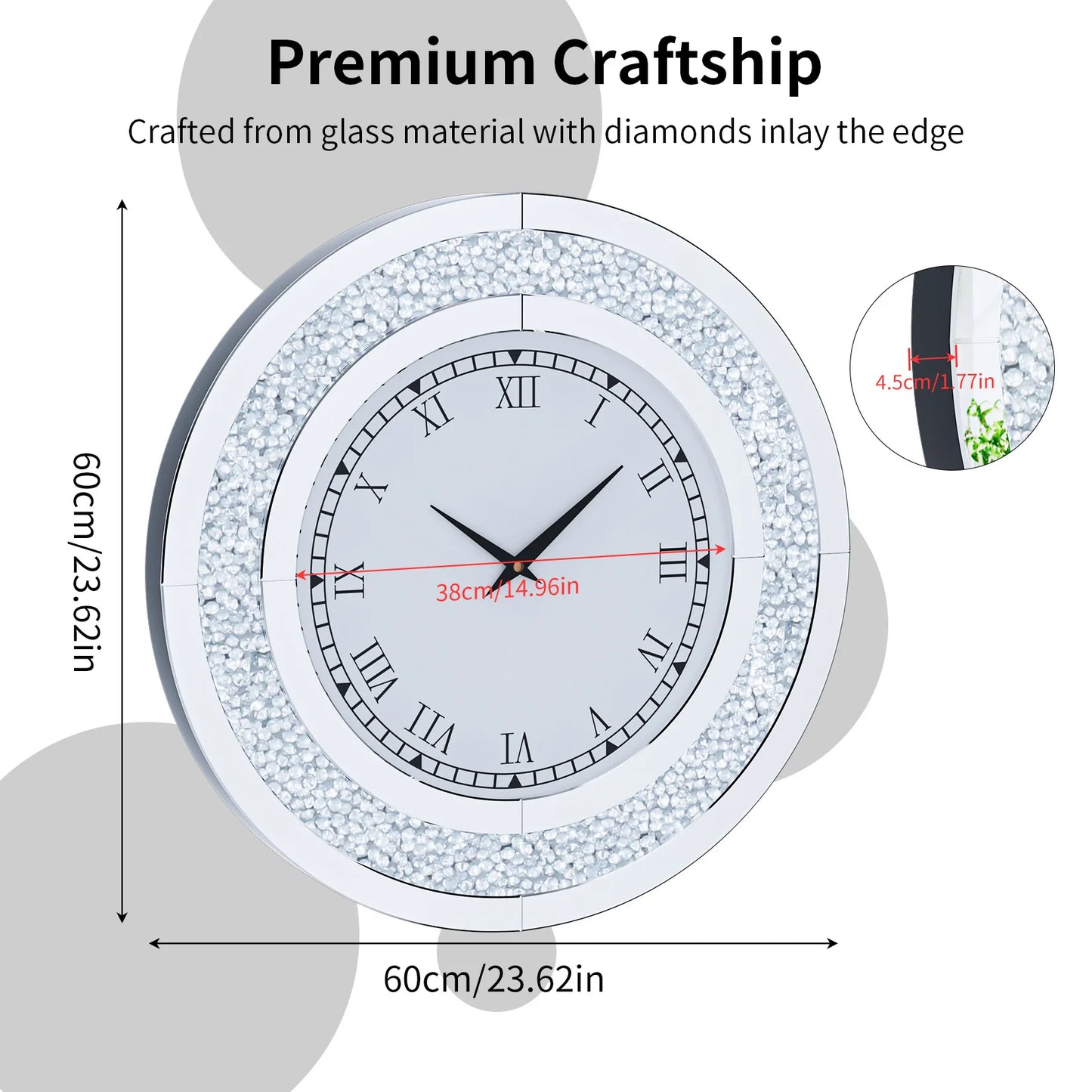 Round Mirror Wall Clock For Living Room Decor Elegant