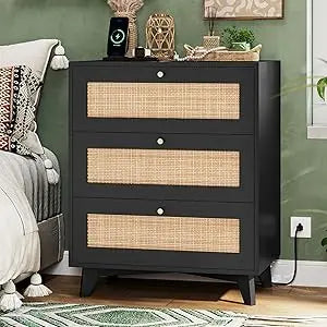 Rattan Dresser with 9 Drawers Natural Finish Modern Wooden Tall Cabinet