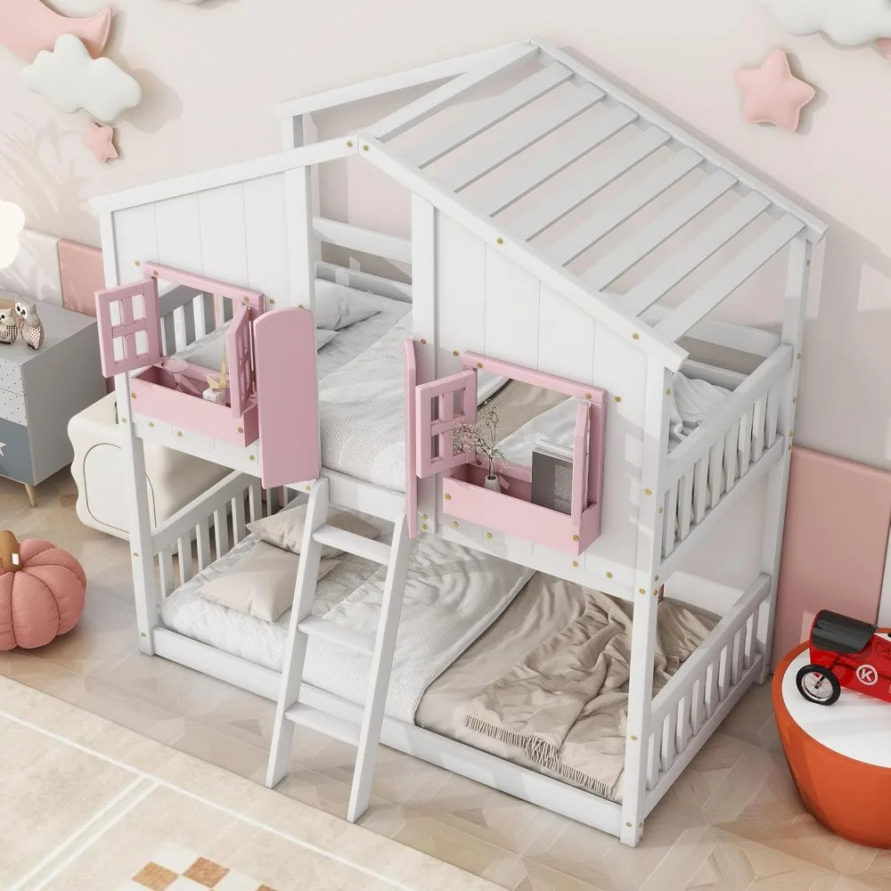 Pine Floor House Bunk Bed With Roof Window Storage