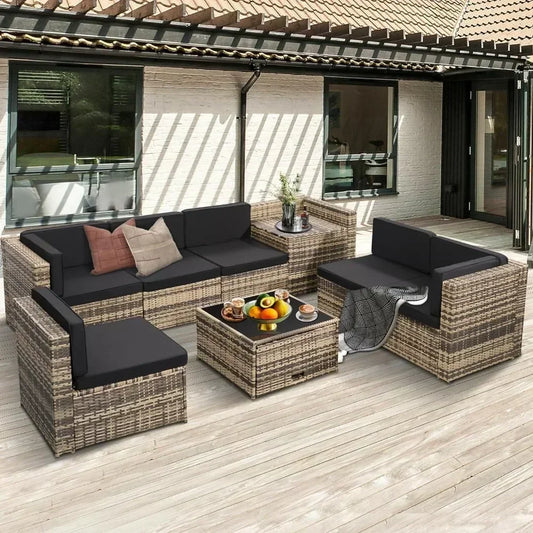 Rattan Patio Sectional Glass Top Table With Hidden Storage