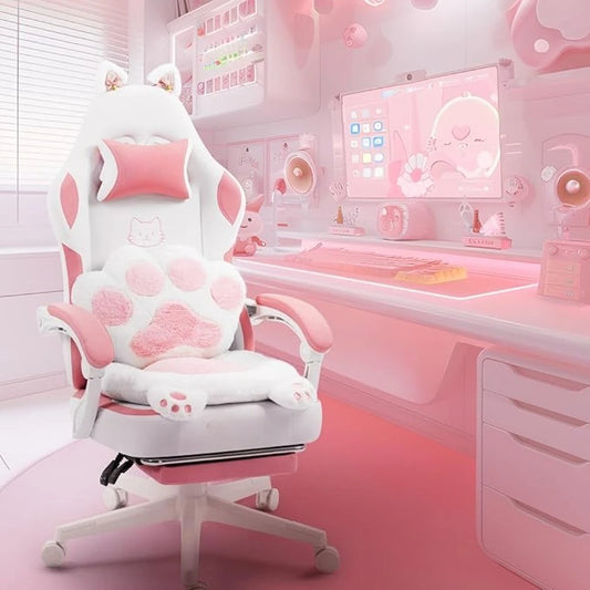 Cute Cat Ears Gaming Chair with Footrest Ergonomic Reclining Computer Chair