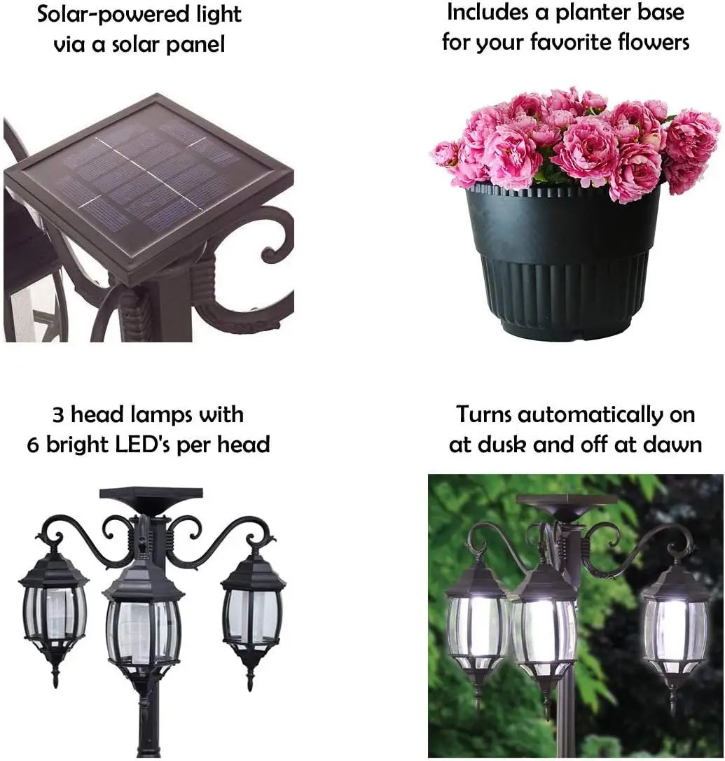 3-Head LED Solar Light Planter Black 6.7 ft Outdoor Garden Decor