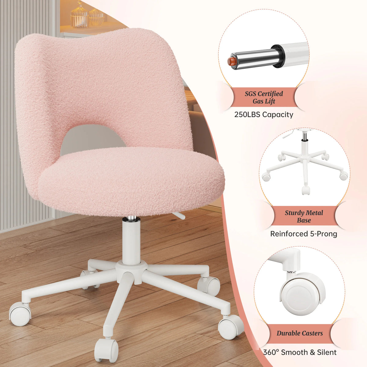 EnHomee Height Adjustable Upholstered Vanity Chair With Silent Wheels