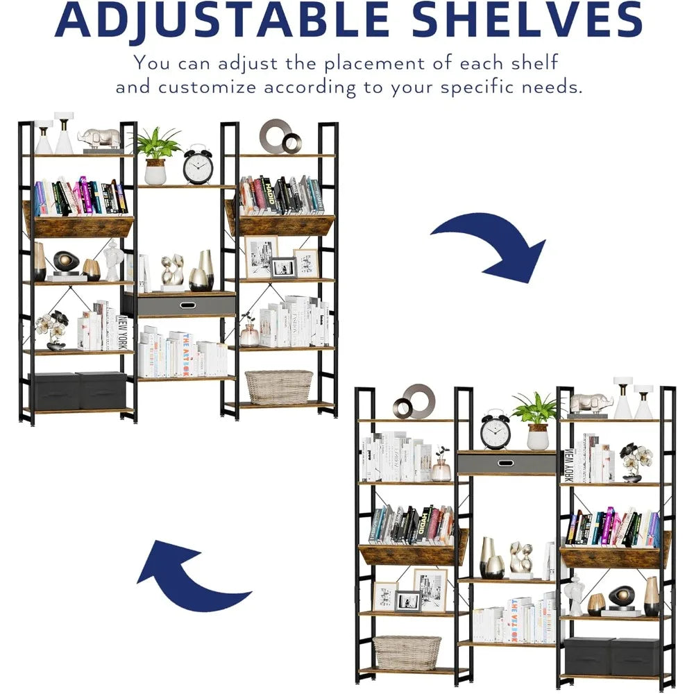 Triple Wide 5 Tier Bookshelf Rustic Industrial Style