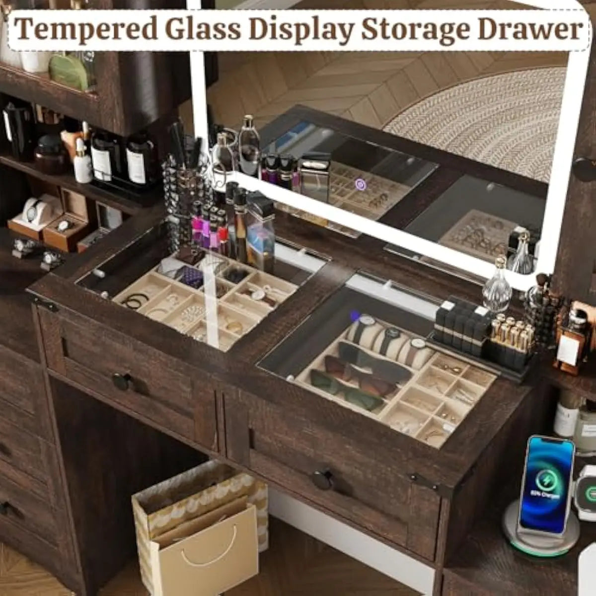 Rustic Farmhouse Vanity Desk With LED Mirror And Drawers