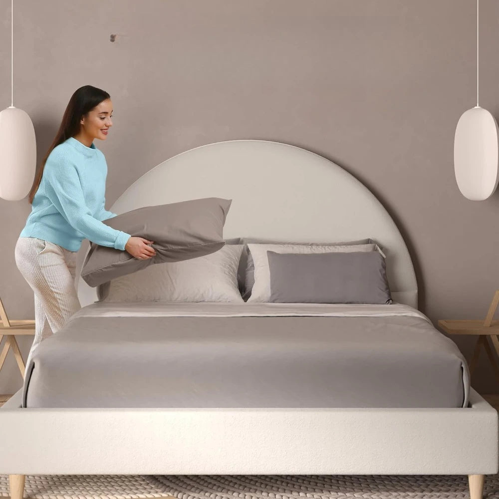 Platform Bed Upholstered Headboard And Solid Wood Legs
